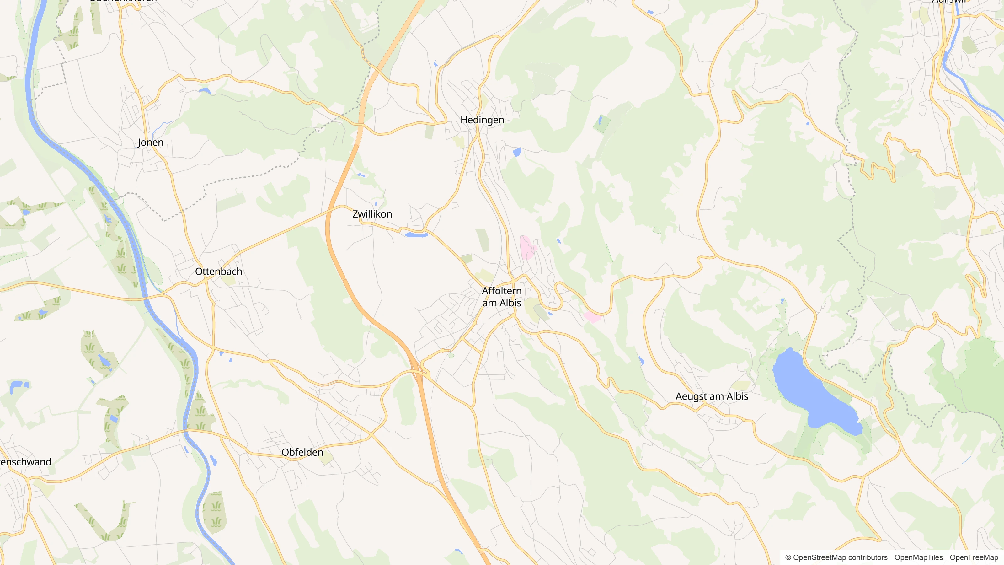 Kartenausschnitt der Region um Affoltern am Albis im Kanton Zürich